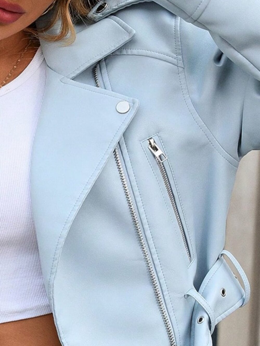 Baby Blue Casual Women's Minimalist Zip-Up Short faux leather Jacket - Picture 8 of 8